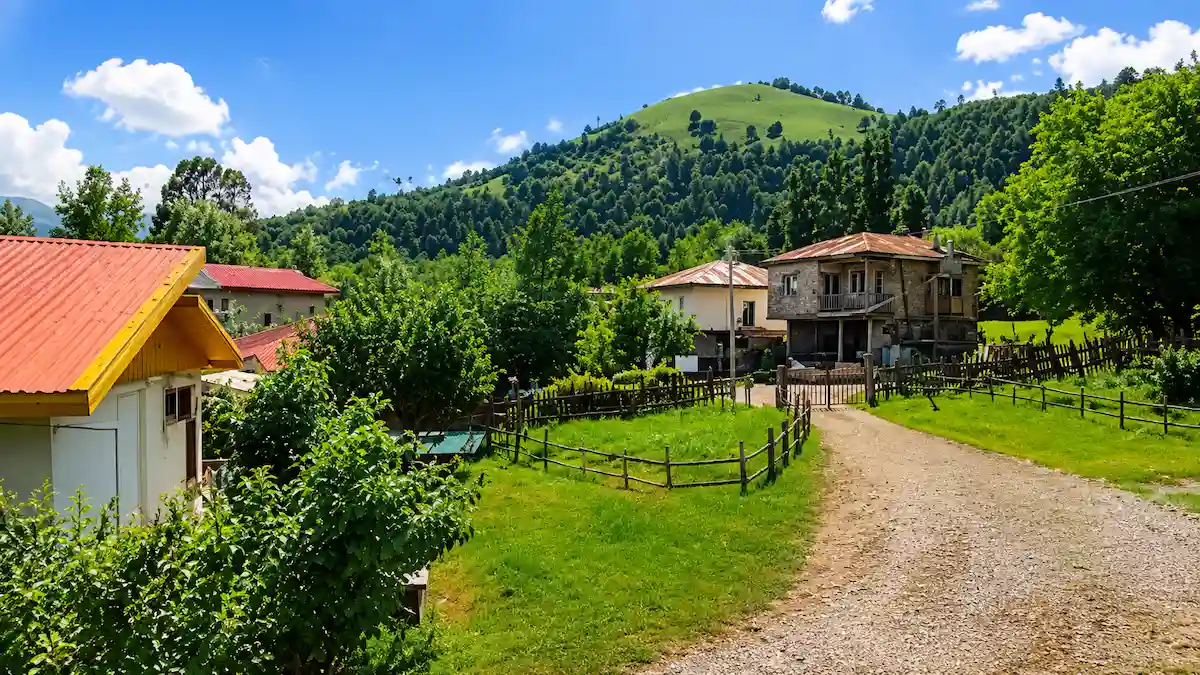 نمایی از یک اقامتگاه بوم‌گردی سنتی در رودبار گیلان با طبیعت سرسبز، باغ‌های زیتون، خانه روستایی و فضای آرامش‌بخش کوهستانی.