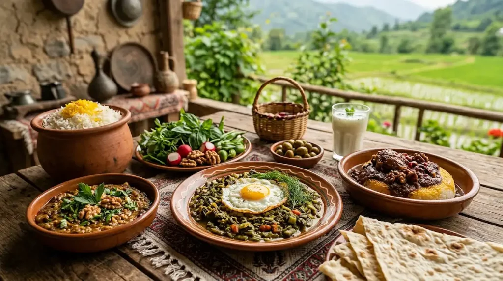 غذاهای محلی گیلان؛ مجموعه‌ای اشتهابرانگیز از غذاهای سنتی گیلانی مانند باقلاقاتوق، میرزا قاسمی، کباب ترش، اناربیج و ماهی شکم‌پر در فضایی با حال‌وهوای شمال ایران