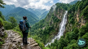 گردشگری در حال تماشای منظره دیدنی آبشار کلشتر گیلان
