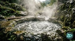 نمای نزدیک از آب معدنی و بخار چشمه آبگرم ماستخور